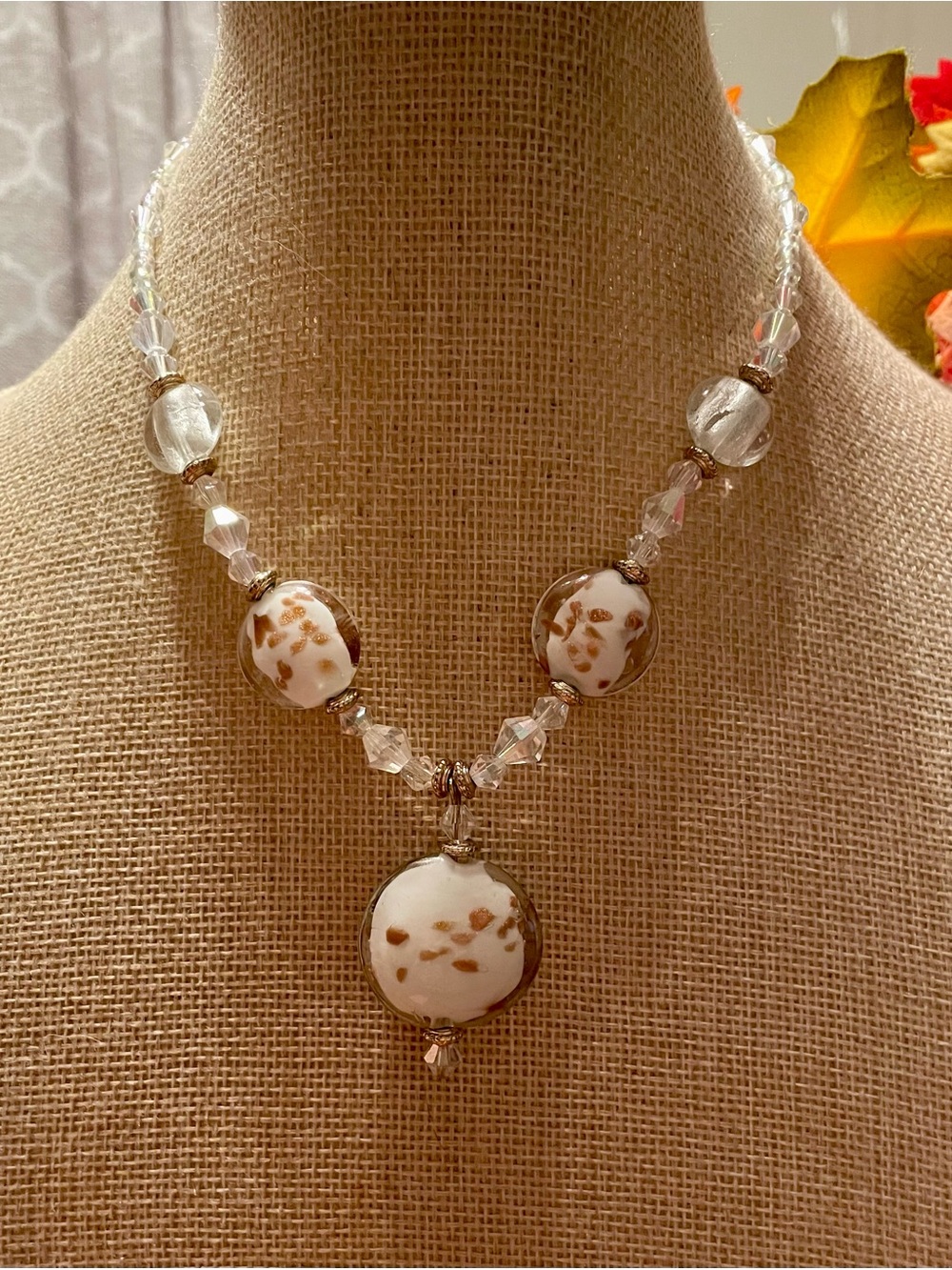 VTG Style You & I White Murano Glass Sommerso Bead Pendant Necklace Gold Tone